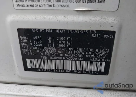 2010 Subaru Legacy 3.6R Limited z USA, uszkodzony, nr VIN 4S3BMDK67A2220134